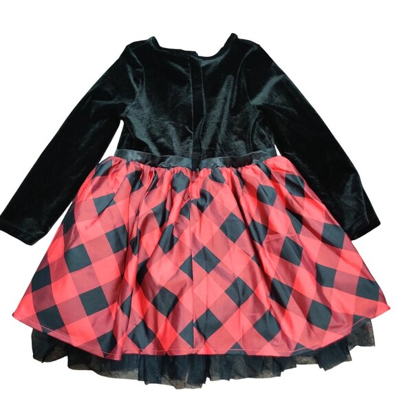 Cat Jack Girls 3T Black Velvet Red Buffalo Plaid Long Sleeve Holiday Party Dress - Picture 3 of 7